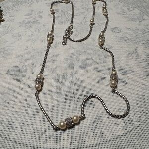 Brighton Silver-Tone Necklace with Ivory Pearls and Rhinestone Accents